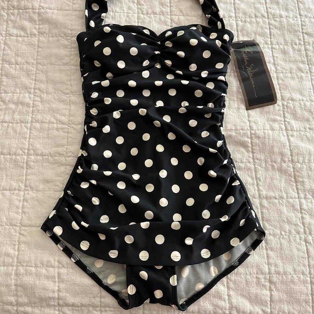 NWT Esther Williams Black and White Polka Dot Sheath One-Piece Swimsuit